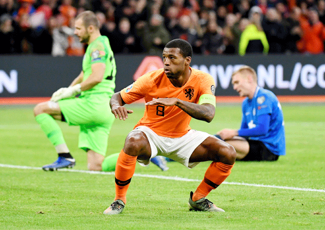 Netherlands' Georginio Wijnaldum celebrates scoring their third goal against Estonia during their Euro 2020 Qualifier Group C match at Johan Cruijff Arena, Amsterdam, Netherlands on Tuesday