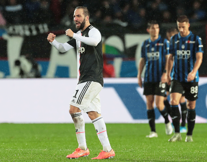 Juventus' Gonzalo Higuain celebrates his goal against Atalanta BC during their Serie A match at Gewiss Stadium in Bergamo, Italy, on Saturday