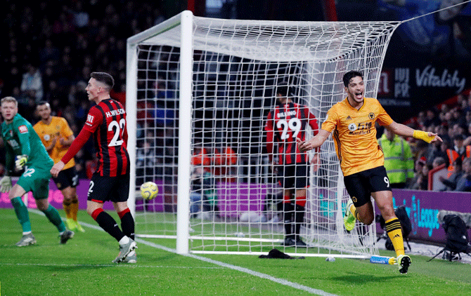 Wolverhampton Wanderers' Raul Jimenez celebrates scoring their second goal against AFC Bournemouth at Vitality Stadium, Bournemouth