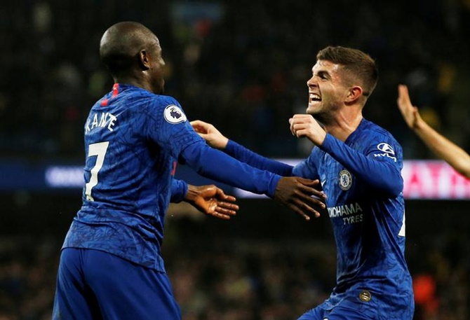 N'Golo Kante celebrates scoring Chelsea's goal with Christian Pulisic.