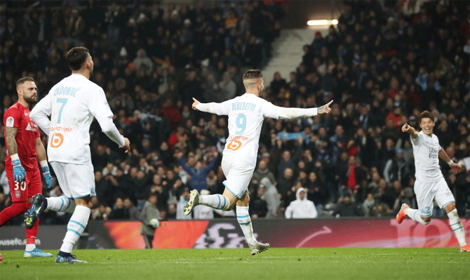 Dario Benedetto scores the opening goal for Olympique de Marseille during their Ligue 1 match against Toulouse on Sunday