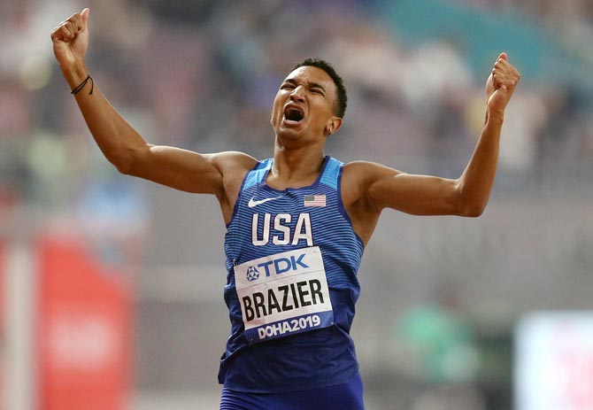 Donavan Brazier of the United States celebrates winning the 800 metres final