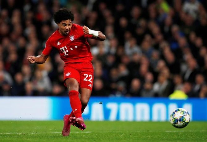 Serge Gnabry scores Bayern Munich's fifth goal to complete his hat-trick against Tottenham Hotspur.