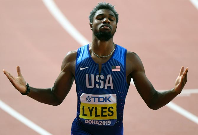 Noah Lyles celebrates winning the 200 metres final during day five of 17th IAAF World Athletics Championships