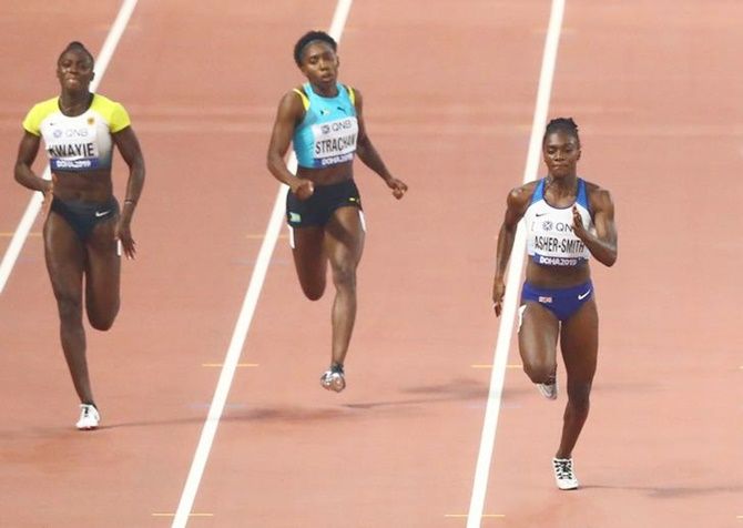 Britain's Dina Asher-Smith races to the line to win her 200 metres semi-final.