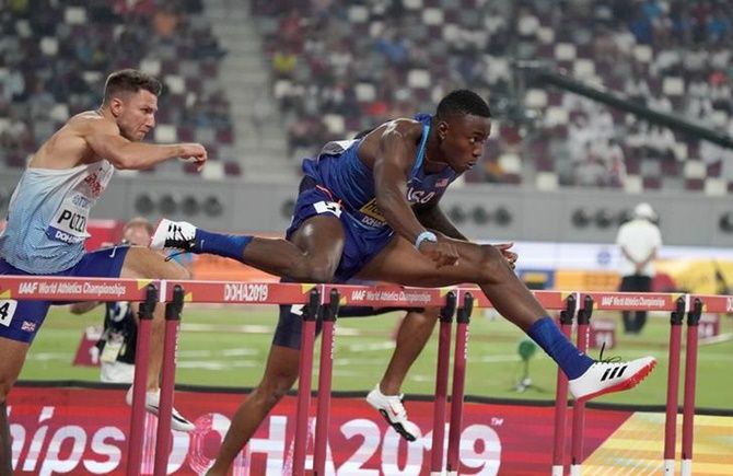 Grant Holloway of the United States during the men's 110 metres hurdles.