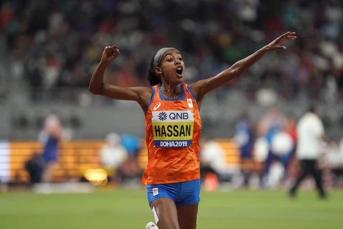 Sifan Hassan of the Netherlands celebrates winning the women's 1,500m in a championship record 3:51.95 seconds.