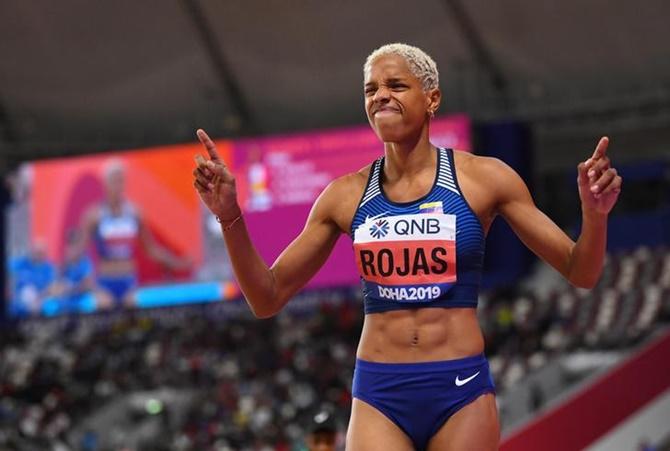 Venezuela's Yulimar Rojas celebrates winning the women's triple jump gold.