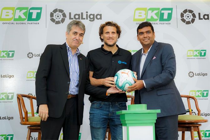 Diego Forlan, who is the brand-ambassador of 'La Liga' with BKT Joint-MD Rajiv Poddar and La Liga's managing director for India, Jose Antonio Cachaza after signing a three-season deal to become their 'Official global partners'