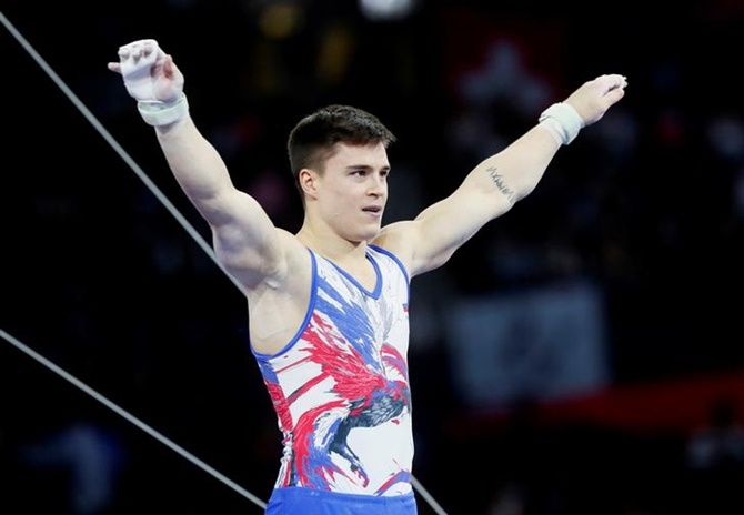 Russia's Nikita Nagornyy completes his routine at the Horizontal Bar in the men's Team final at the World Artistic Gymnastics Championships