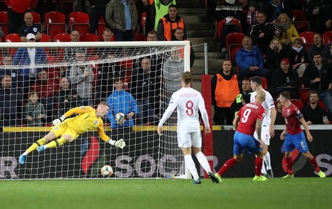 Zdenek Ondrasek scores Czech Republic's second goal in the Euro 2020 Group A Qualifier against England, at Sinobo stadium, Prague.