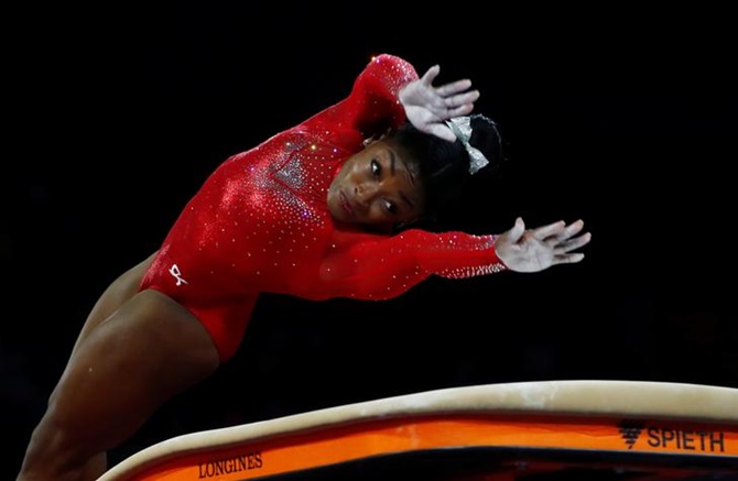 Simone Biles of the United States goes through her routine in the women's Vault final