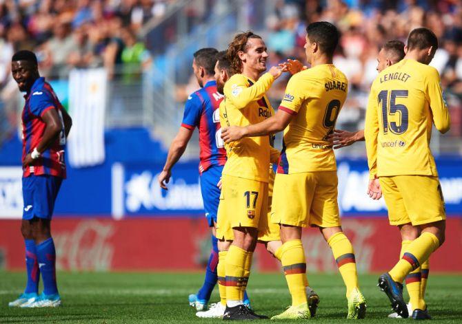 FC Barcelona's Luis Suarez celebrates after scoring against SD Eibar during their Liga match at Ipurua Municipal Stadium in Eibar, Spain, on Saturday 