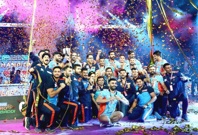 Bengal Warriors players celebrate on winning the Pro Kabaddi final on Saturday