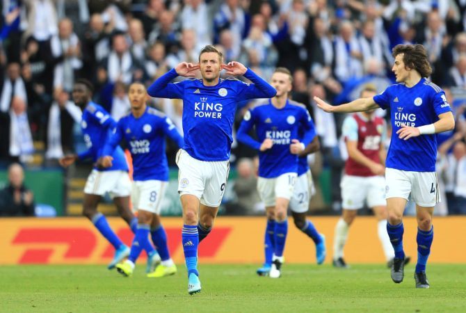 Leicester City's Jamie Vardy celebrates after scoring against Burnley FC at The King Power Stadium in Leicester