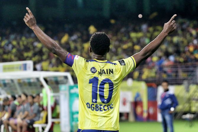 Kerala Blasters' Bartholomew Ogbeche celebrates on scoring the second goal against ATK in the ISL opener in Kochi on Sunday