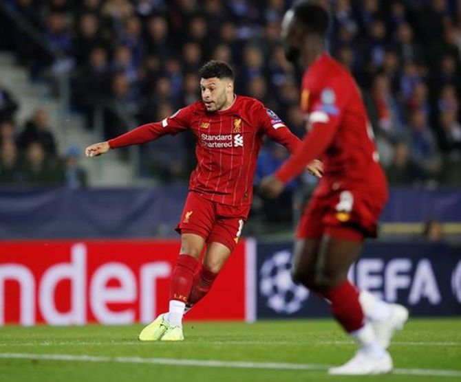 Alex Oxlade-Chamberlain scores Liverpool's first goal in the Group E match against Genk 