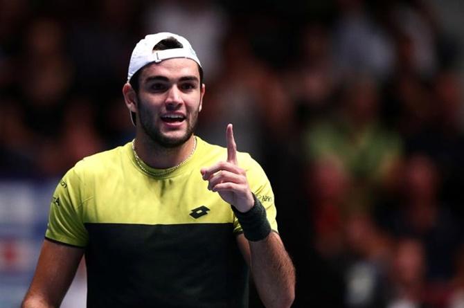 Italy's Matteo Berrettini reacts during his quarter-final against Russia's Andrey Rublev.