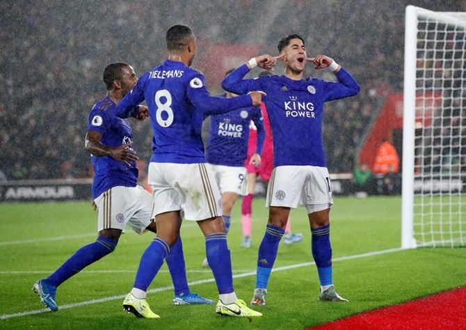 Ayoze Perez reacts after scoring Leicester City' third goal.