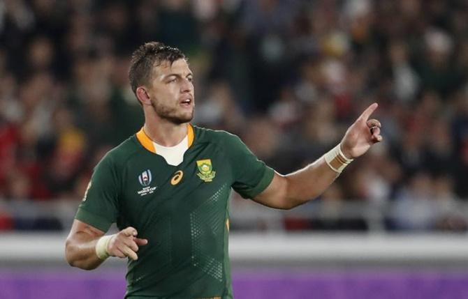 South Africa's Handre Pollard celebrates after kicking a penalty.