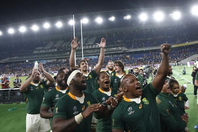 South Africa players celebrate beating Wales in the Rugby World Cup semi-final