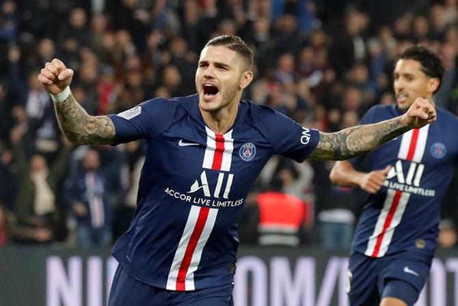 Mauro Icardi celebrates scoring Paris St Germain's second goal in the Ligue 1 match against Olympique de Marseille