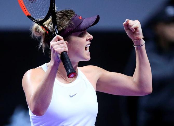 Ukraine's Elina Svitolina celebrates winning her match against Czech Republic's Karolina Pliskova.