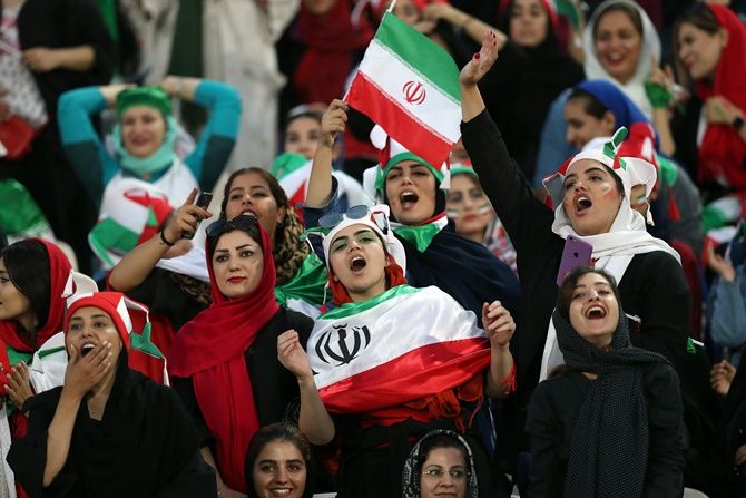 Iranian Women's fans react during the FIFA World Cup Qualifier between Iran and Cambodia.