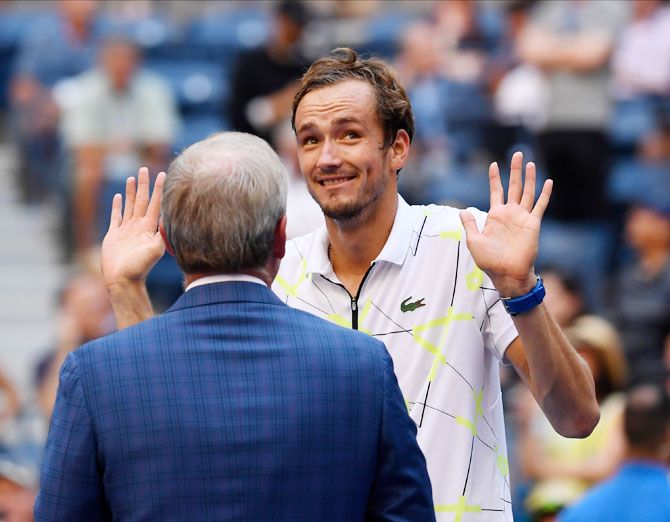 Russia's Daniil Medvedev is interviewed on court after beating Switzerland's Stan Wawrinka in their US Open quarter-final match at USTA Billie Jean King National Tennis Center at Flushing  Meadows in Queens, New York City on Tuesday