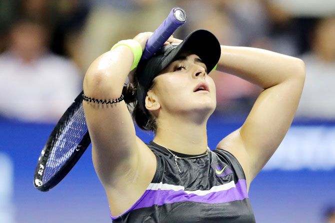 Canada's Bianca Andreescu is in disbelief after defeating Belgium's Elise Mertens to win  the US Open quarter-final on day ten of the 2019 US Open at the USTA Billie Jean King National Tennis Center at Flushing Meadows in the Queens borough of New York City on Wednesday