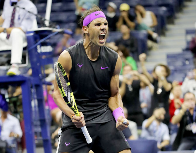 Spain's Rafael Nadal celebrates his win over Argentina's Diego Schwartzman in the quarter-fnal on day ten of the 2019 US Open at the USTA Billie Jean King National Tennis Center at Flushing Meadows in the Queens borough of New York City on Wednesday