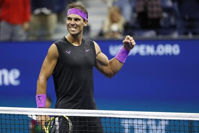 Spain's Rafael Nadal celebrates victory over Italy's Matteo Berrettini in the  semi-finals of the US Open on Friday