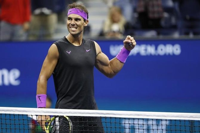Spain's Rafael Nadal celebrates victory over Italy's Matteo Berrettini in the  semi-finals of the US Open on Friday