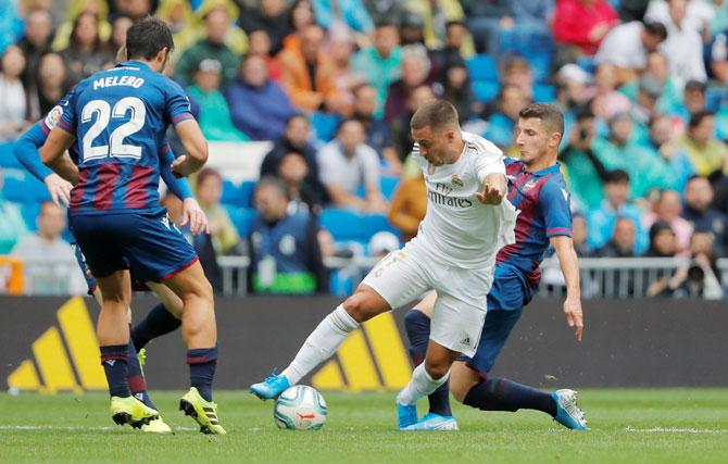 Real Madrid's Eden Hazard in action during their La Liga match at Santiago Bernabeu in Madrid on Saturday