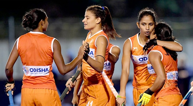 India's players celebrate a goal