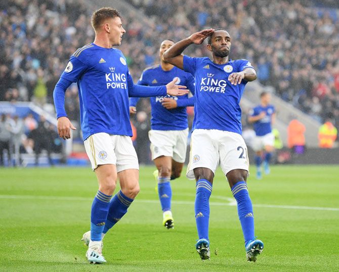 Leicester City's Ricardo Pereira celebrates after scoring his team's first goal against Newcastle United during the Premier League match at The King Power Stadium in Leicester, United Kingdom, on Sunday