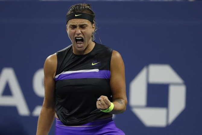 Aryna Sabalenka of Belarus reacts after winning a point.