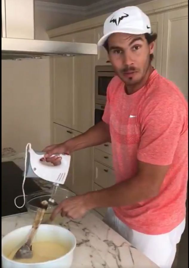 A video grab of Rafael Nadal baking a cake during lockdown on Monday
