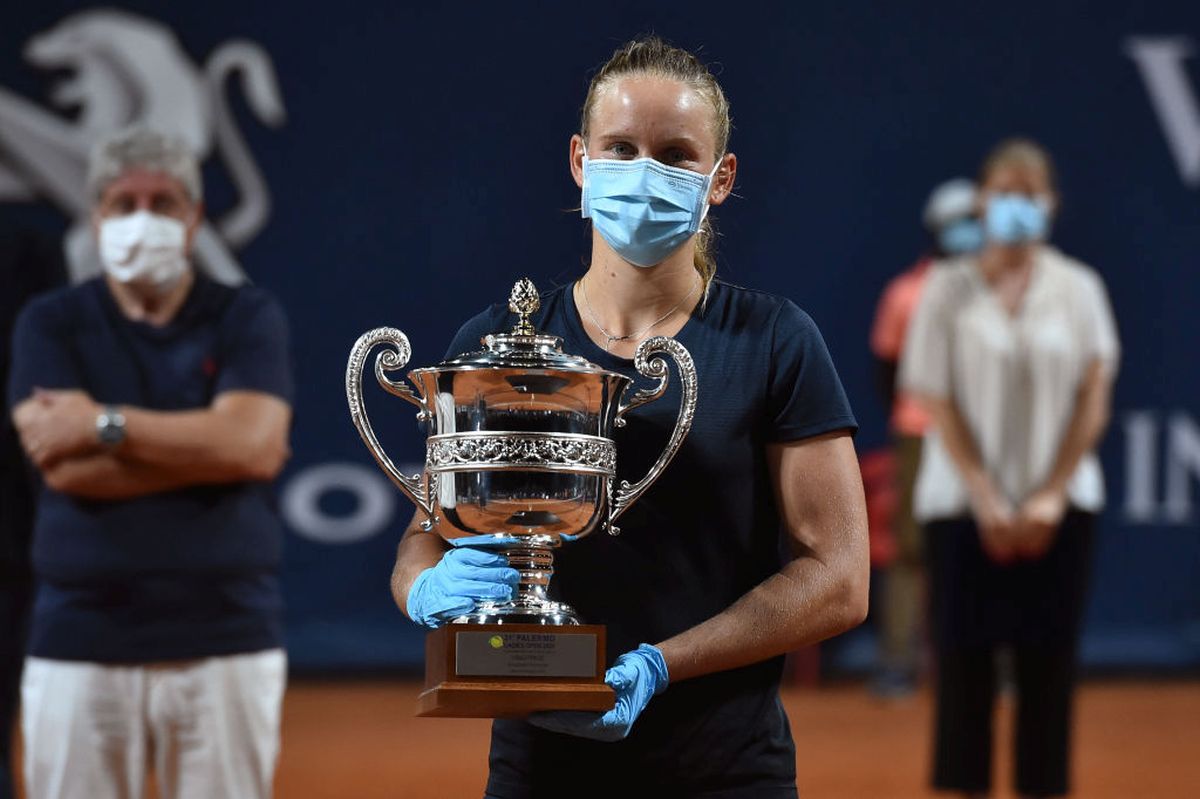 France's Fiona Ferro of France celebrates winning the Palermo Open after defeating Estonia's Anett Kontaveit in Palermo on Sunday