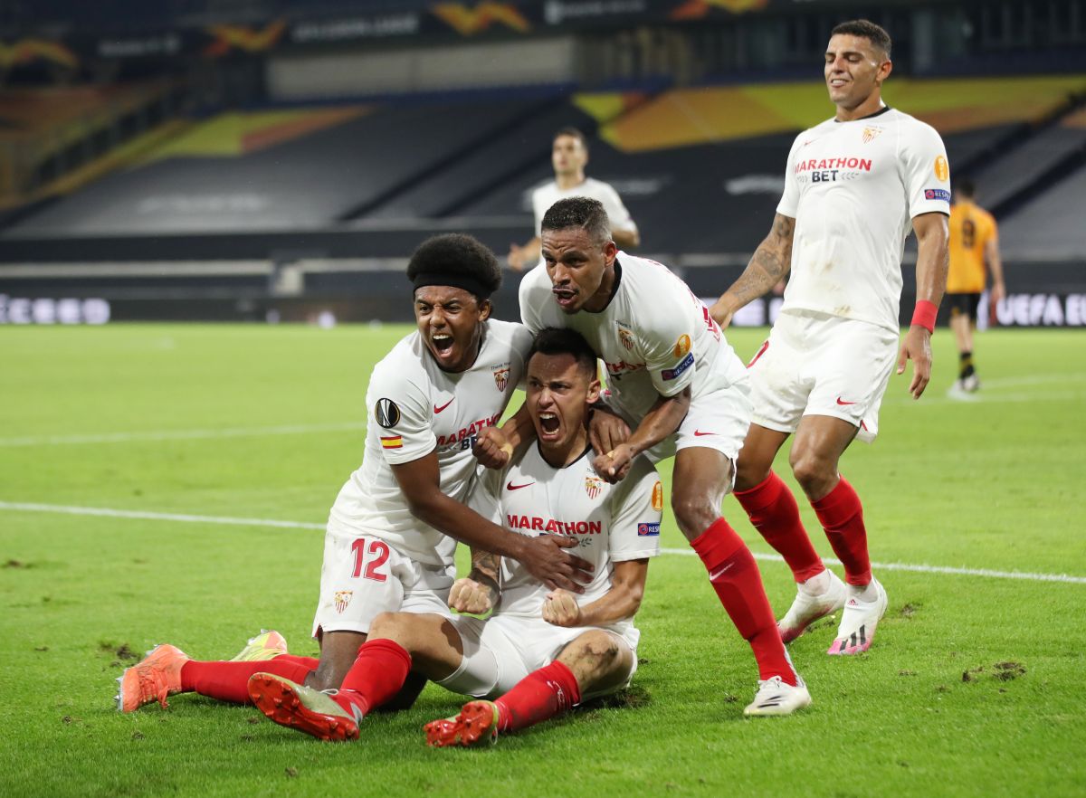 Sevilla's Lucas Ocampos celebrates scoring against Wolverhampton Wanderers at MSV-Arena, Duisburg, Germany