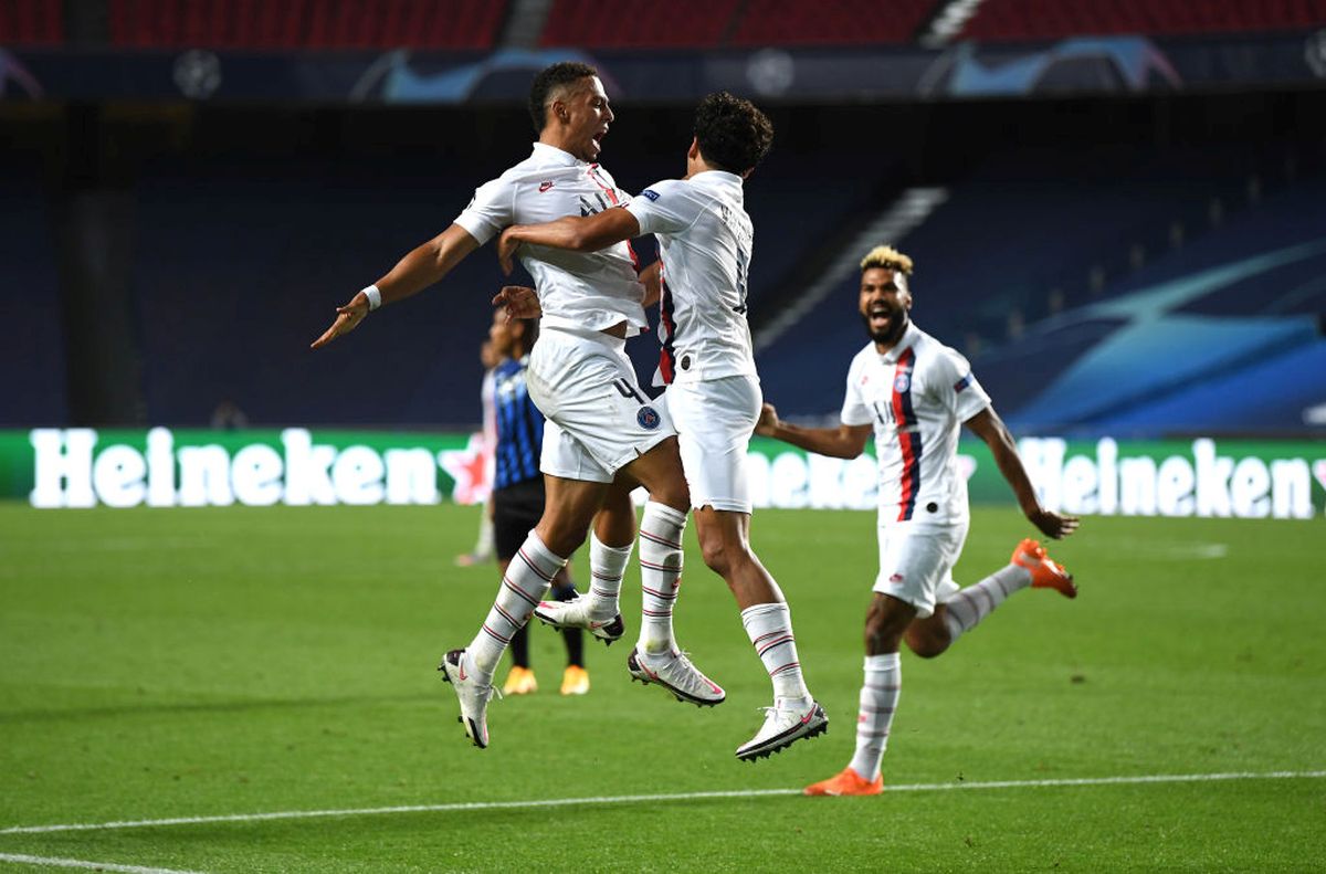 PSG's Marquinhos celebrates with teammate Thilo Kehrer after scoring the equaliser in the second half