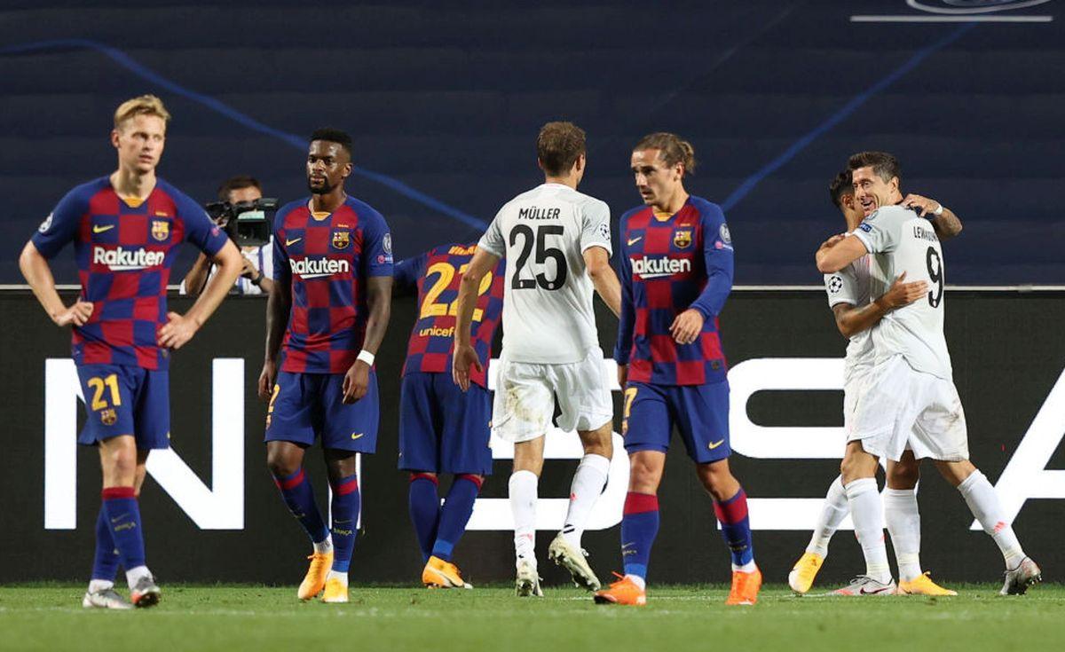 FC Bayern Munich's Robert Lewandowski celebrates with teammates after scoring his team's sixth goal during the UEFA Champions League quarter-final against Barcelona at Estadio do Sport Lisboa e Benfica in Lisbon on Friday