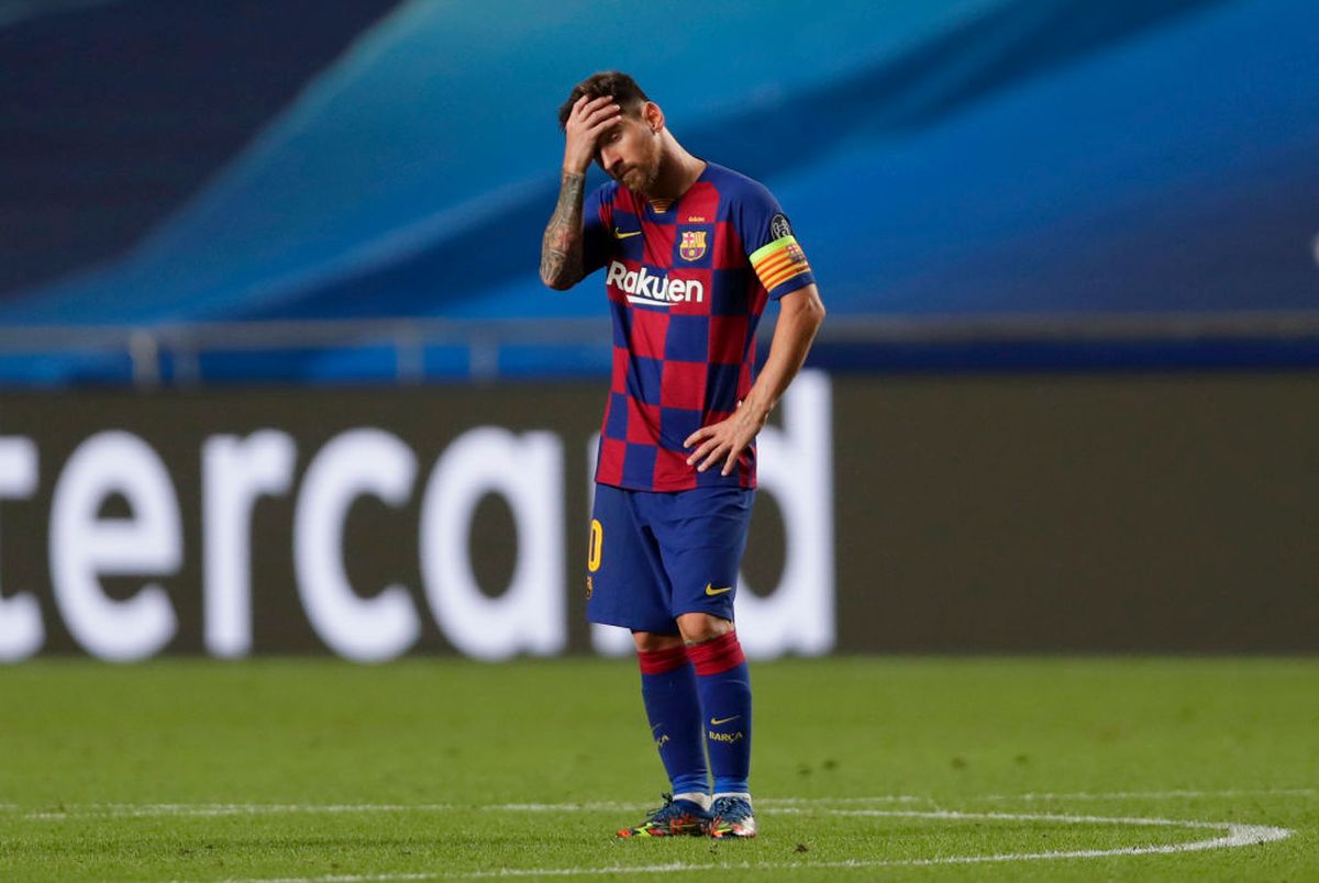 A distraught Lionel Messi during Barcelona's humiliating 8-2 loss in the Champions League quarter-final against Bayern Munich on Friday