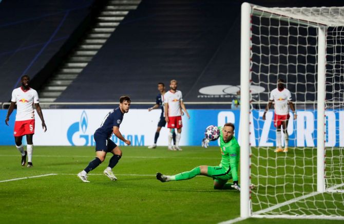 Paris Saint-Germain's Juan Bernat scores the third goal 