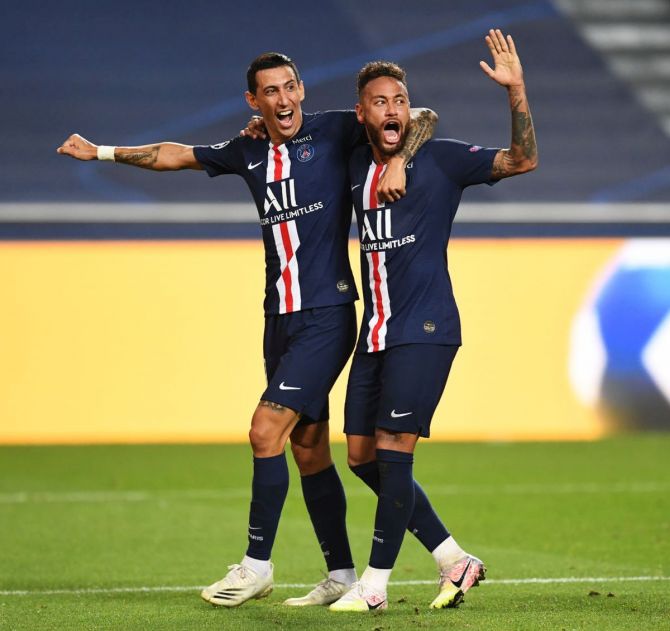Paris Saint-Germain's Angel Di Maria celebrates with Neymar after scoring his team's second goal