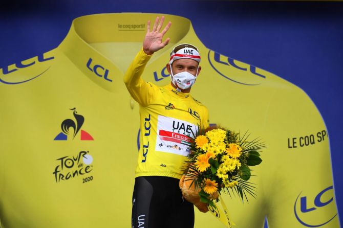 UAE Team Emirates rider Alexander Kristoff of Norway, wearing the overall leader's yellow jersey, celebrates on the podium after Stage 1 -- Nice Moyen Pays to Nice, France -- of the Tour de France on Saturday
