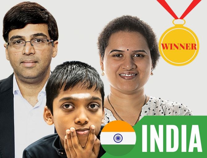 India's Viswananthan Anand, Koneru Humpy and Rameshbabu Praggnanandhaa were joint winners with Russia at the Chess Olympiad held last month
