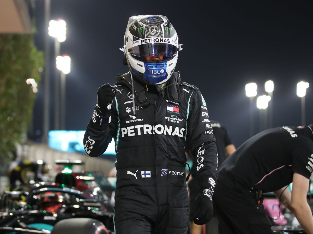 Mercedes' Valtteri Bottas celebrates after qualifying in pole position during the Sakhir F1 Grand Prix at Bahrain International Circuit, Sakhir, Bahrain on Saturday