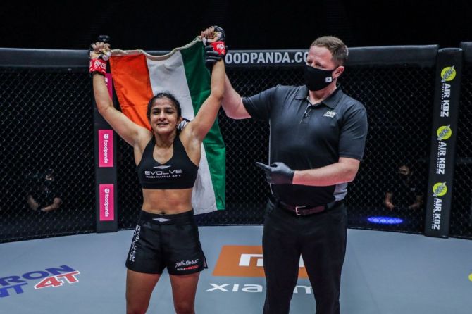 India's Ritu Phogat celebrates her win over Phillippines' Jomary Torres in the ONE MMA Championship