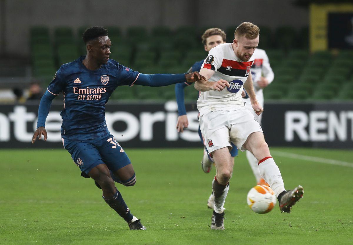 Arsenal's Folarin Balogun in action with Dundalk's Sean Hoare during their Europa League Group B match at Aviva Stadium, Dublin, Ireland, on Thursday